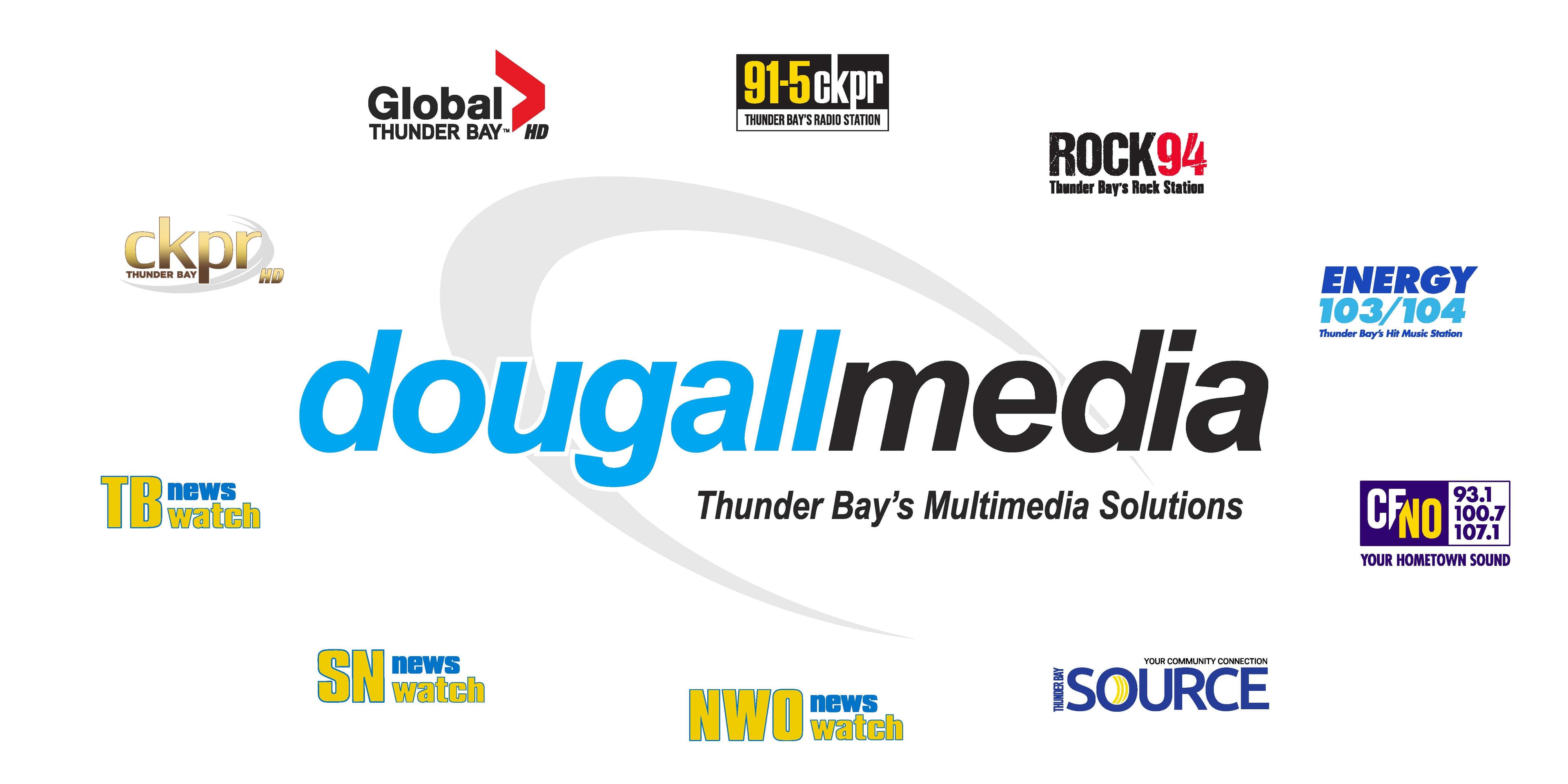 Dougall Media (Global Thunder Bay TV,CKPR HD TV, ROCK 94, 91.5 CKPR, eNERGY 103/105, CFNO, TBnewswatch.com, SNnewswatch.com, NWOnewswatch.com, Thunder Bay Source) logo